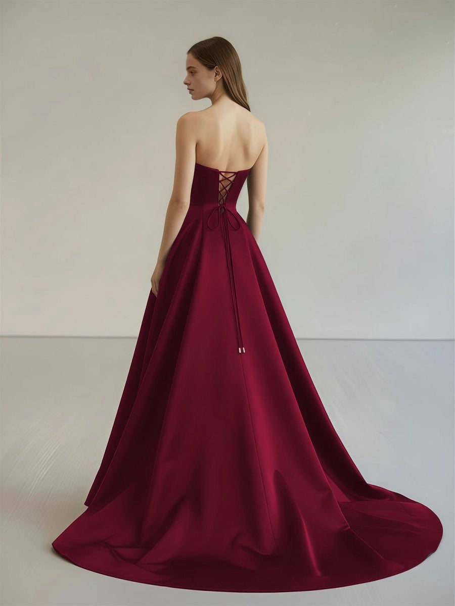 Roselledress Structured Satin Aline Strapless Floral Corset LaceUpBack Train Plus Size Prom Dress