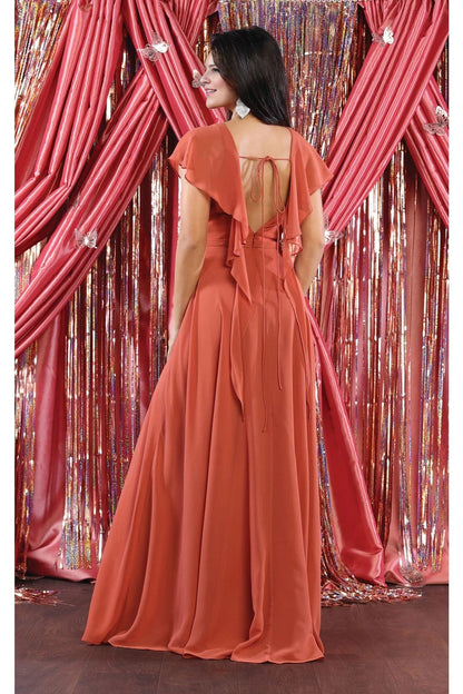 Elegant Plus Size A-Line V-Neck Flutter-Sleeve Open-Back Maxi Mother of Bride Dress