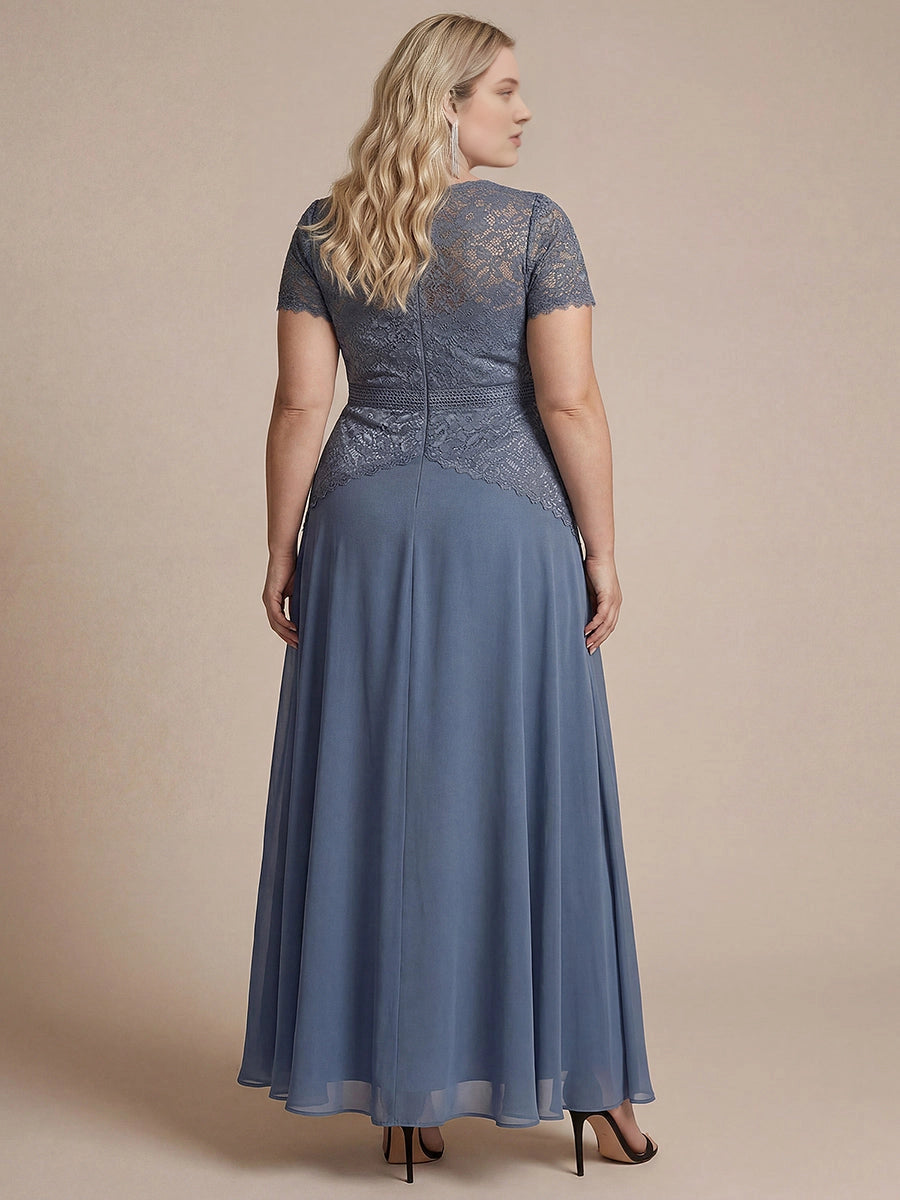 Plus Size Lace Bodice Short Sleeve Round Neck Long Mother of Bride Dress