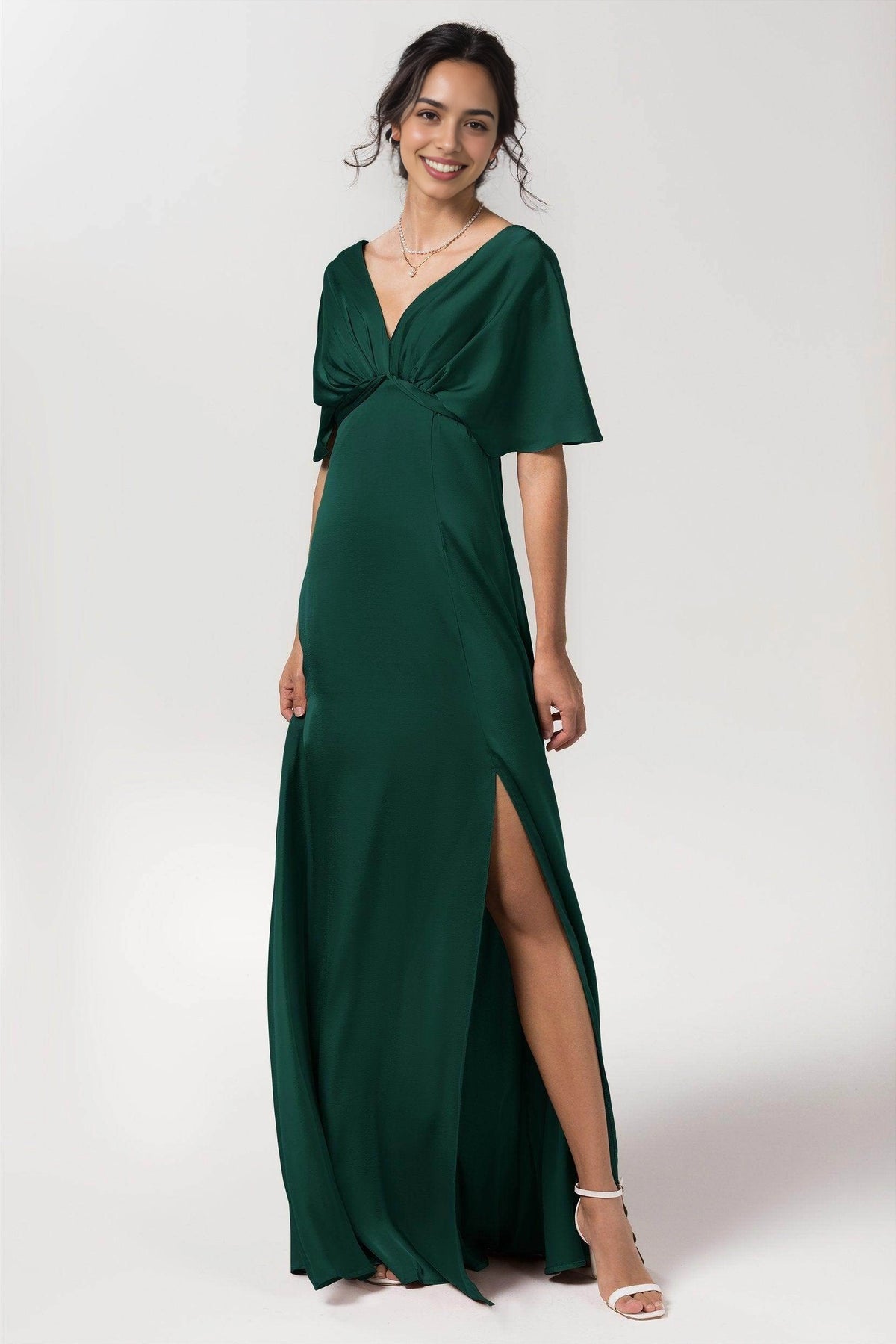 Elegant Plus Size Sheath V Neck Flutter Sleeve Bow Back Long Bridesmaid Dress