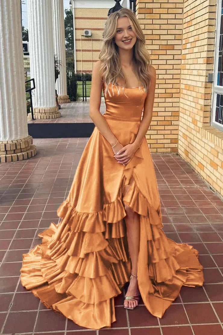 Roselledress Plus Size Satin Tiered Spaghetti Strap Crisscross Back Long Prom Dress