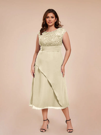 Charming A‑Line Bateau Neck Cap Sleeve V‑Back Midi Length Formal Plus Size Mother Of The Bride Dress