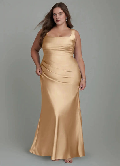Elegant Mermaid Square-Neck Sleeveless Lace-Up-Back Floor-Length Plus Size Bridesmaid Dress