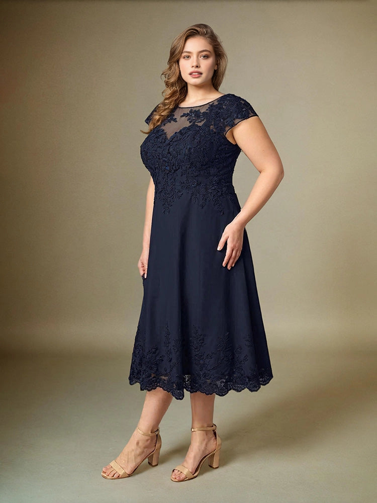 Charming A‑Line Illusion Neck Cap Sleeve V‑Back Midi Length Plus Size Mother Of The Bride Dress