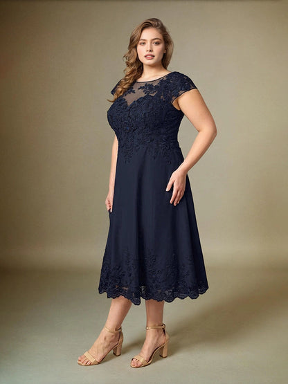 Charming A‑Line Illusion Neck Cap Sleeve V‑Back Midi Length Plus Size Mother Of The Bride Dress