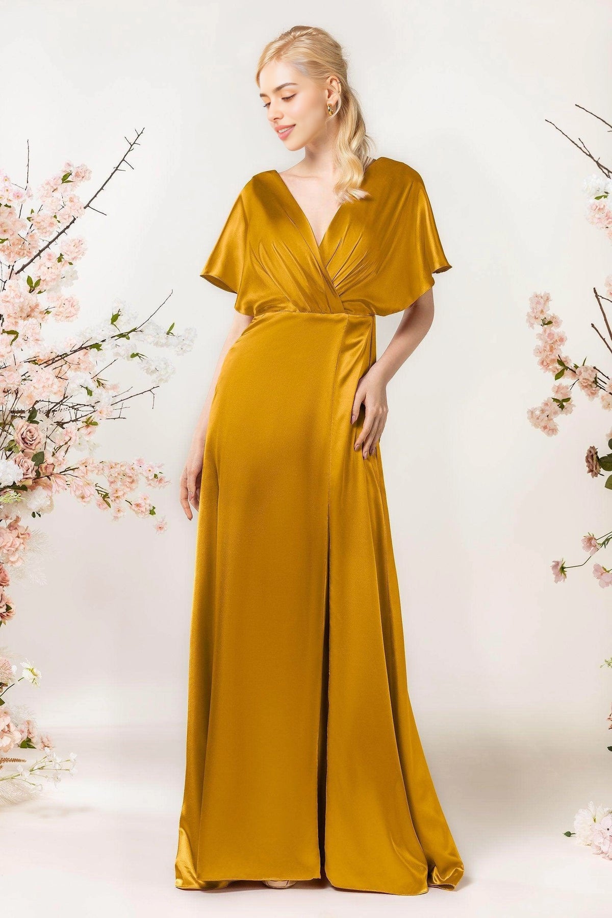 Plus Size Elegant Sheath V Neck Flutter Sleeve Open Back Long Bridesmaid Dress