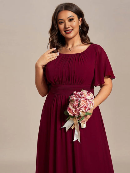 A-Line Round Neck Flutter Sleeve Back Zipper Floor Length Plus Size Floral Chiffon Wedding Guest Dress
