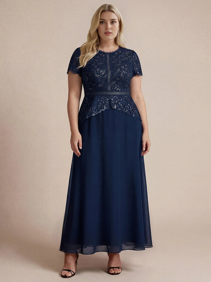 Roselledress Black A Line High Neck Short Sleeve Zip Back Maxi Plus Size Wedding Guest Dress 