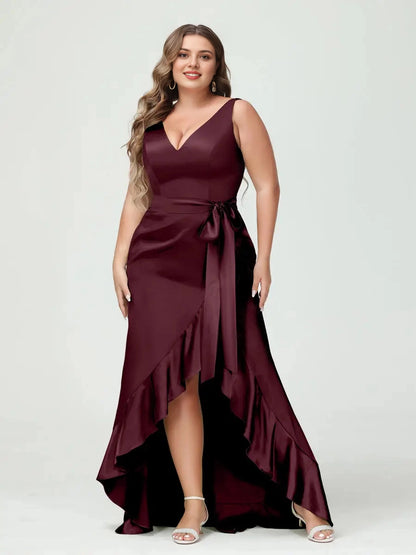 Elegant High-Low V-Neck Sash-Tie Zip-Back Plus Size Satin Prom Dress