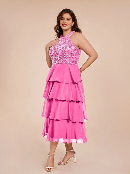 elegant a‑line halter sleeveless tie‑back midi plus size wedding guest dress