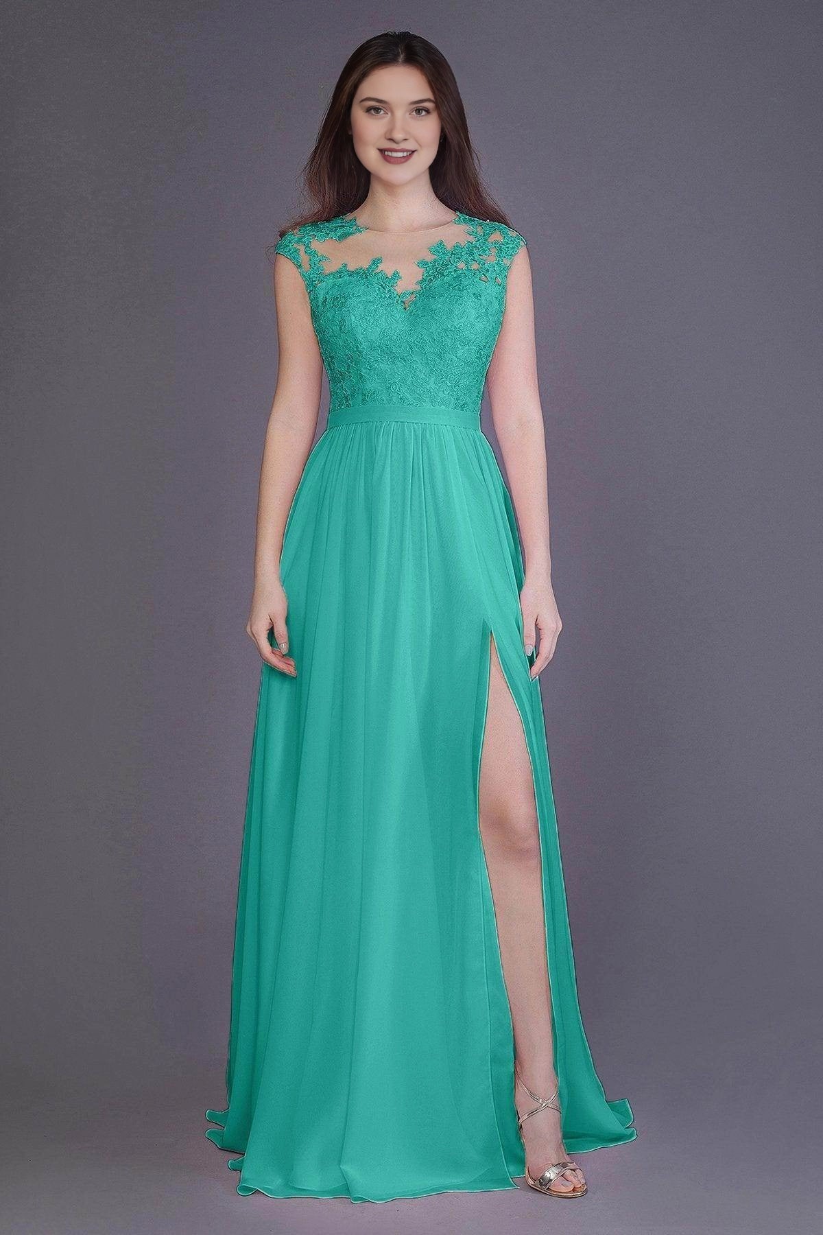 Plus Size Romantic Lace Chiffon A-Line Illusion-Neck Sleeveless Illusion-Back Floor-Length Bridesmaid Dress