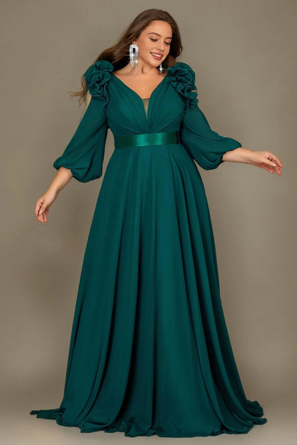 Flowy A-Line Deep V Split-Sleeve Zipper-Back Floor-Length Plus Size Burgundy Mother Of Bride Dress