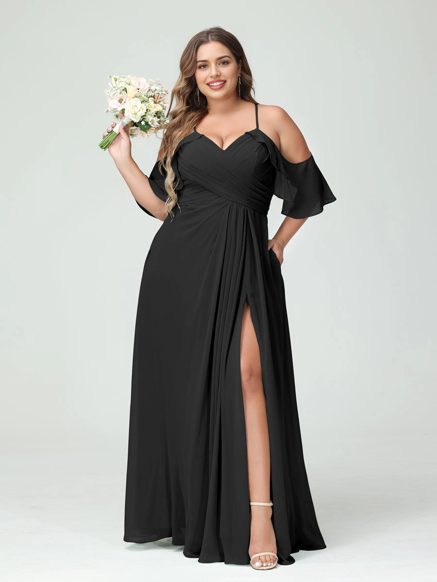 Romantic A‑Line V‑Neck Off Shoulder Keyhole Back Floor‑Length Sage Green Chiffon Slit Plus Size Mother Of The Bride Dress