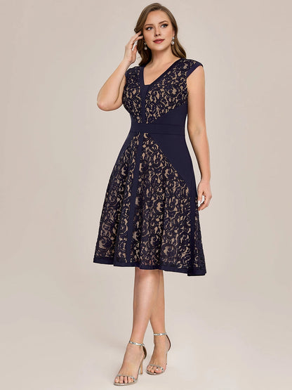 Chic A-Line V-Neck Cap Sleeve Zipper Back Knee-Length Plus Size Mother Of The Bride Dress