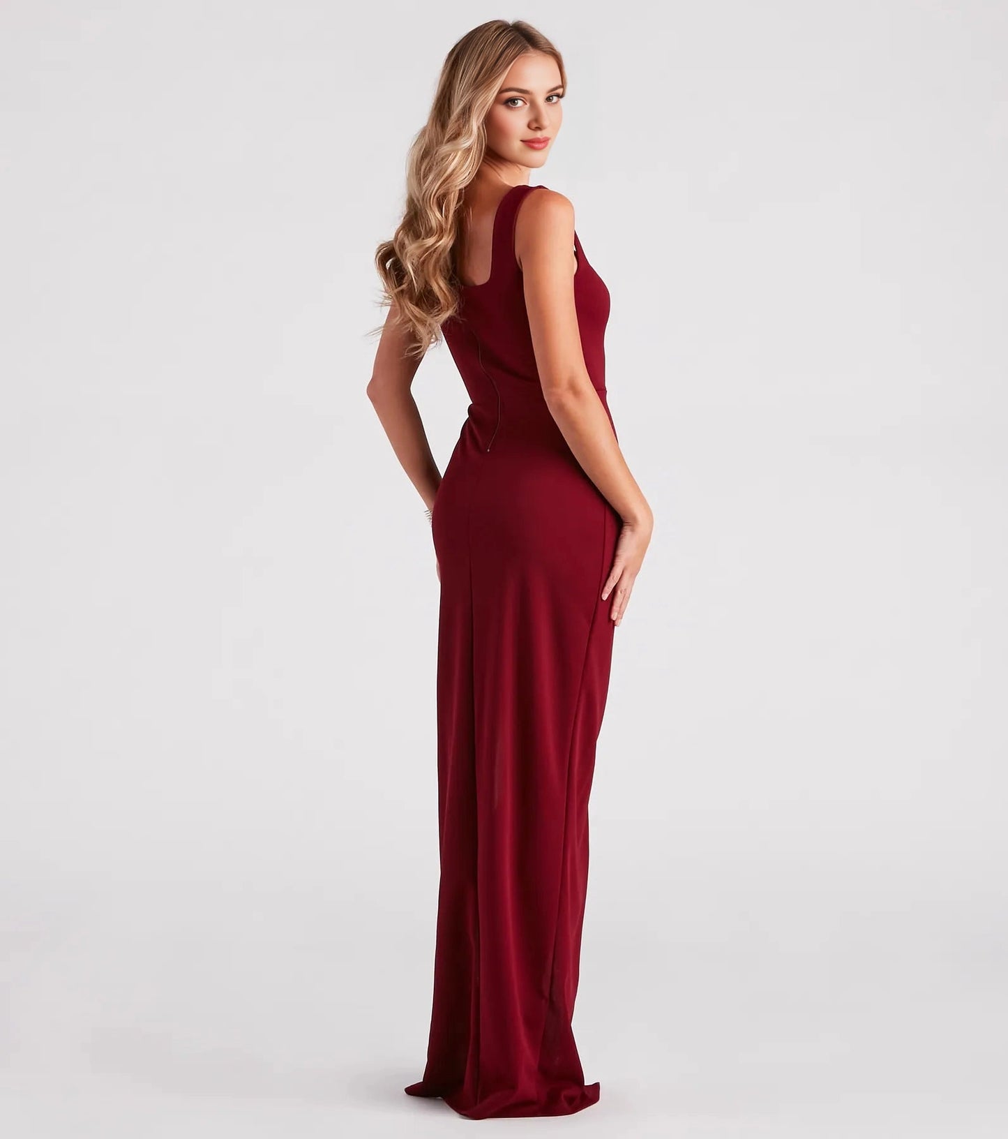 Roselledress Slim Column Square Wide-Strap Zip-Back Slit Maxi Plus Size Prom Dress