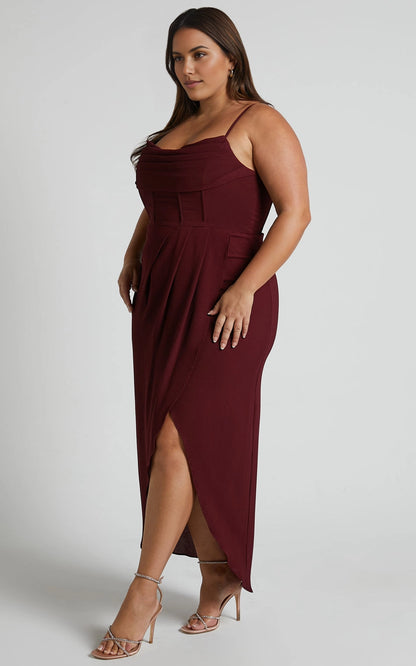 Glamorous A‑Line Cowl Neck Spaghetti Strap Open Back Slit Maxi Length Plus Size Prom Dress