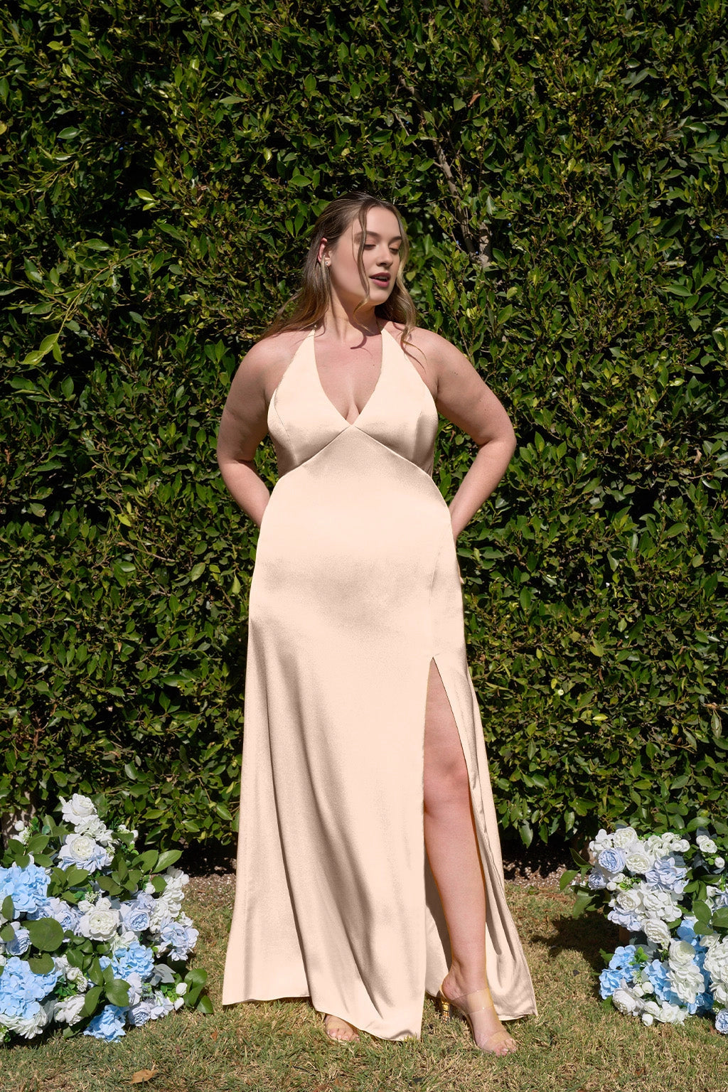 Elegant Sheath V-Neck Halter Tie Back Long Plus Size Bridesmaid Dress
