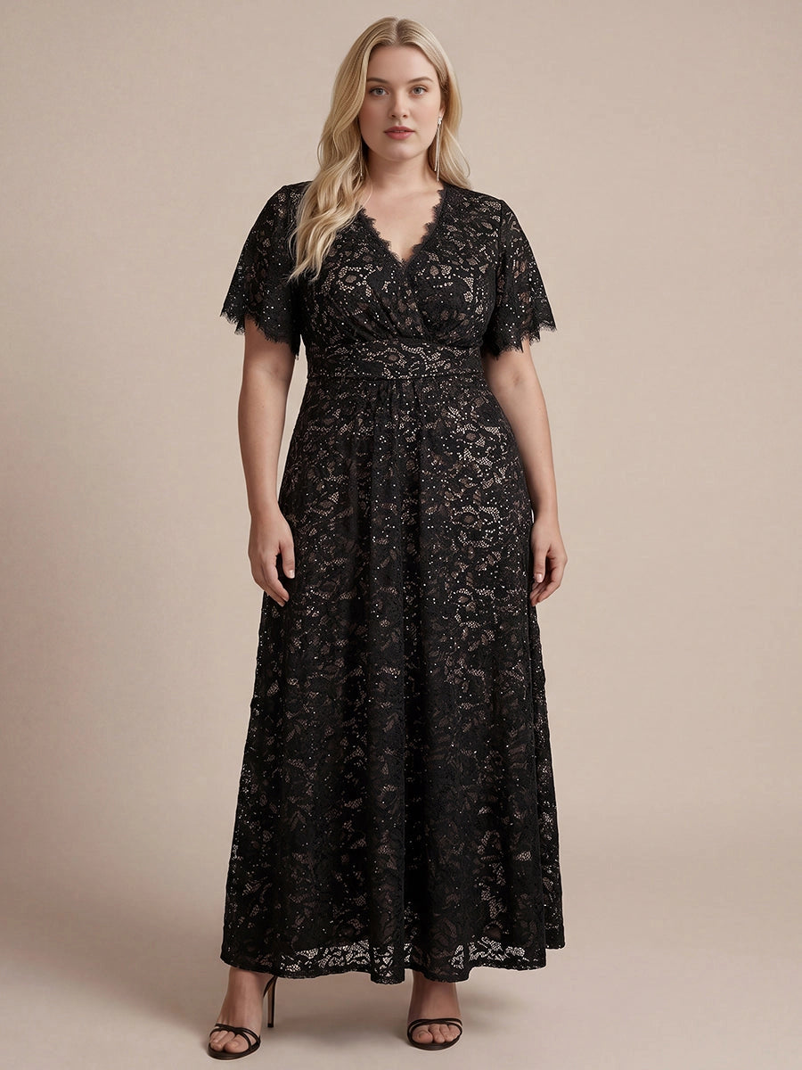Plus Size Sequin Lace V-Neck Flutter Sleeve Long Mother of Bride Dress