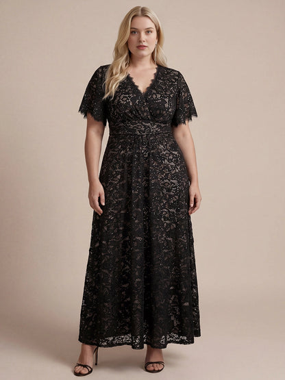 Plus Size Sequin Lace V-Neck Flutter Sleeve Long Mother of Bride Dress