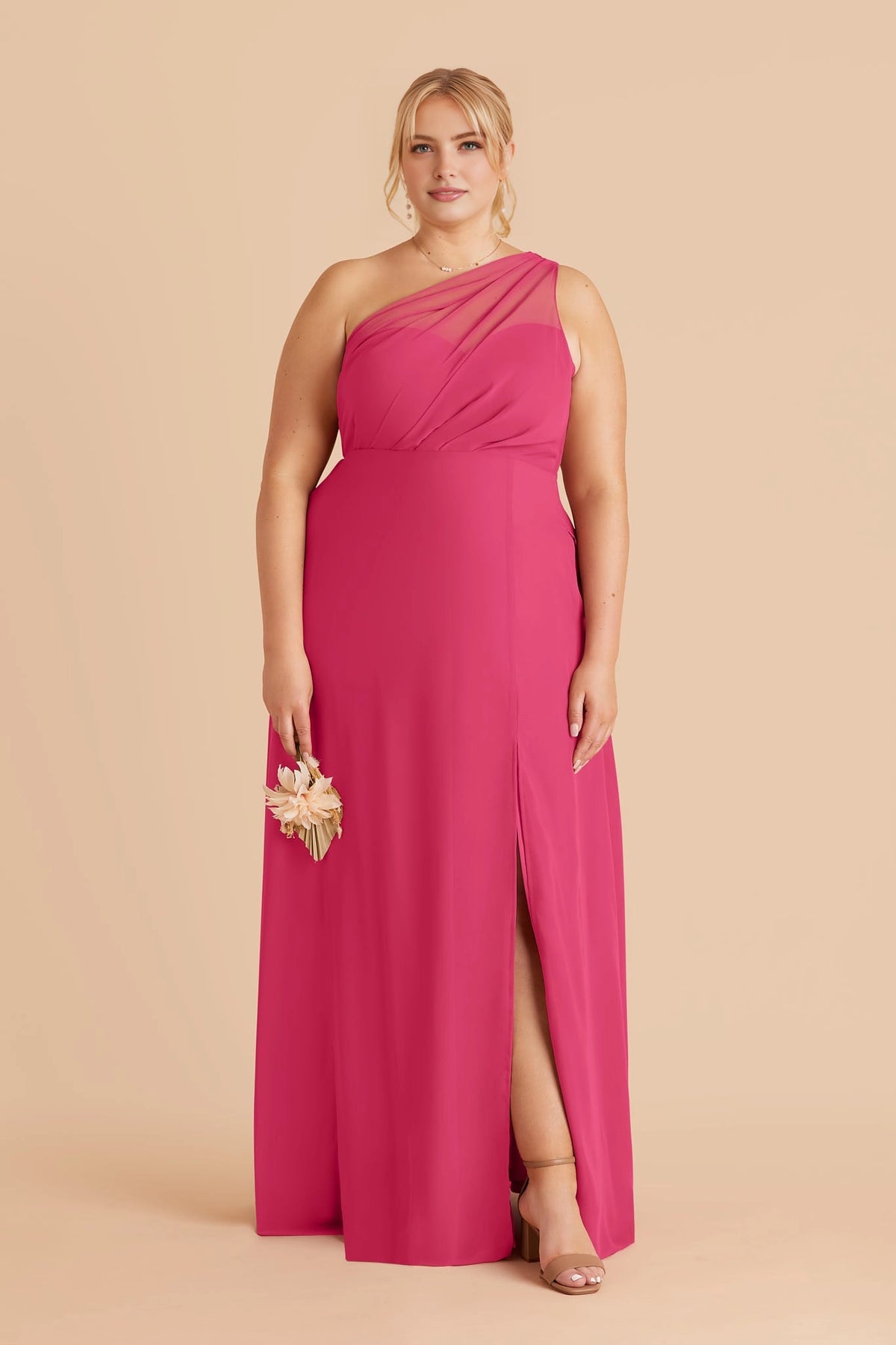 Flowy Chiffon A‑Line One‑Shoulder Sleeveless Mesh Back Slit Maxi Plus Size Bridesmaid Dress