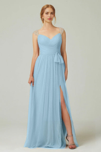 Plus Size Romantic A-Line Sweetheart Sleeveless Illusion Back Long Beaded Bridesmaid Dress