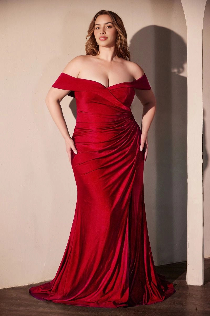 Roselledress Emerald Mermaid Off-The-Shoulder Short-Sleeve Ruched-Back Train-Length Plus Size Prom Dress