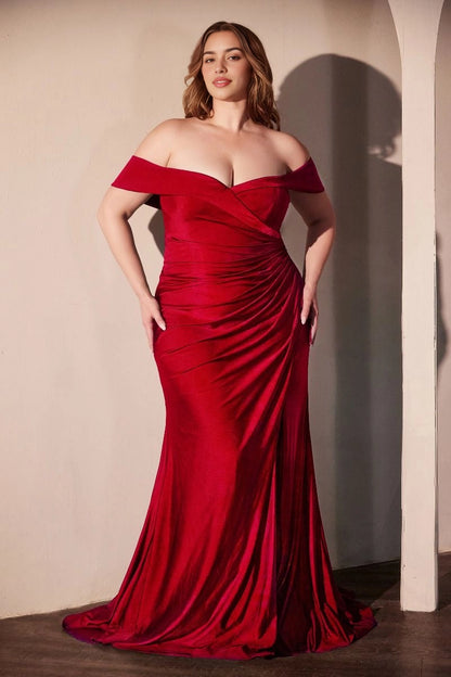 Roselledress Emerald Mermaid Off-The-Shoulder Short-Sleeve Ruched-Back Train-Length Plus Size Prom Dress