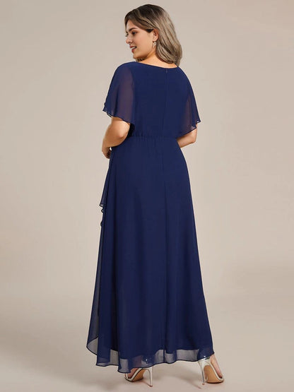 Roselledress Emerald A-Line V-Neck Flutter Sleeve Zip Back High Low Midi Plus Size Weeding Guest Dress