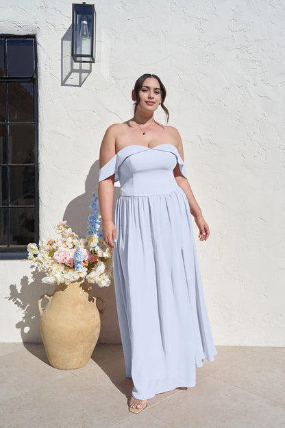 Romantic A-Line Sweetheart Off Shoulder Zipper Back Long Plus Size Bridesmaid Dress