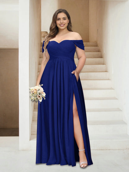 Romantic A-Line Off Shoulder Short Sleeve Ruched Back Floor Length Plus Size Mother Of The Bride Dress