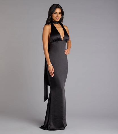 Roselledress Glossy Plus size Fitted Mermaid Halter Deep V Open Back Floor Prom Dress