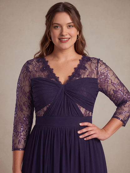 Plus Size Sequin Lace V-Neck 3/4 Sleeve Empire Long Mother of Bride Dress