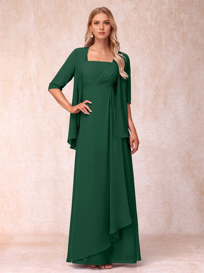 Soft A Line Square 3/4 Sleeve Solid Back Two Piece Long Mother Of Bride Dress