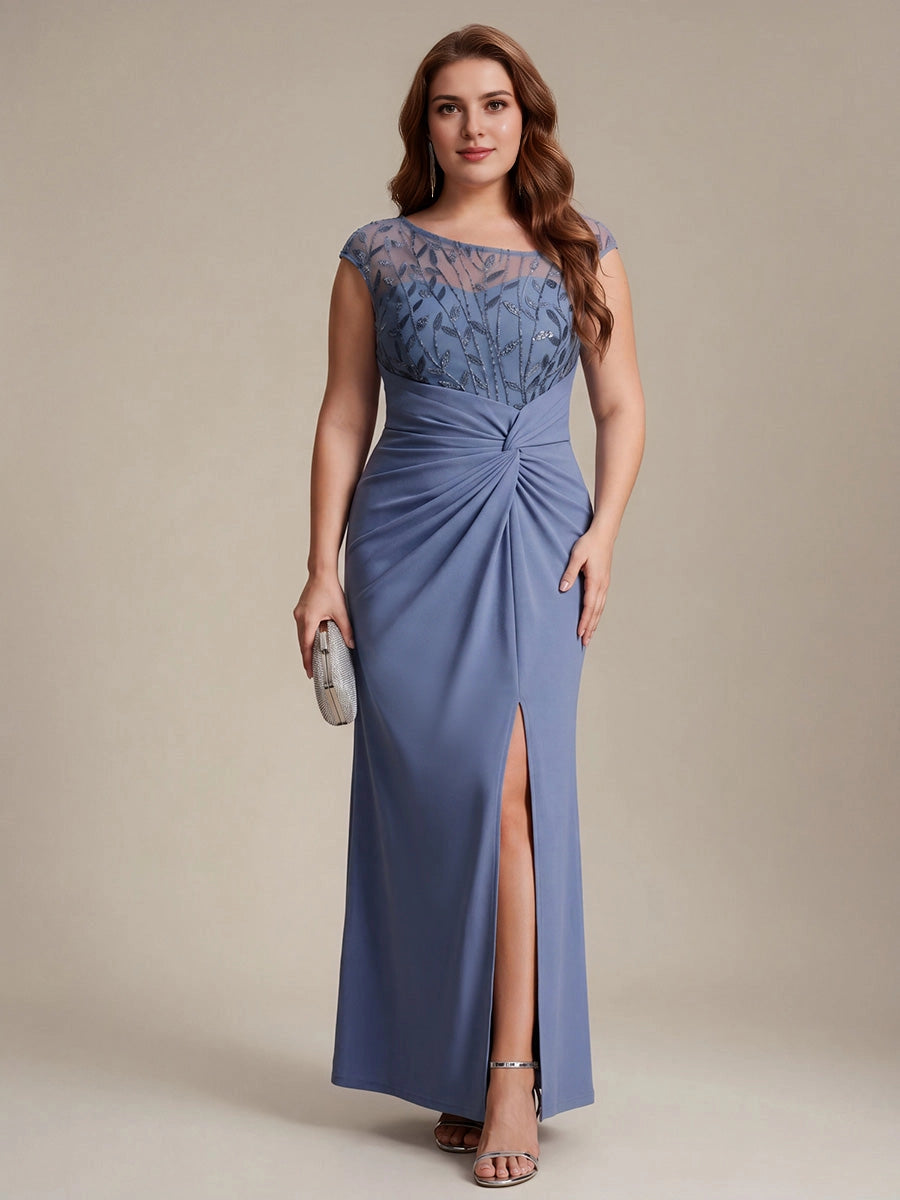 Roselledress Forest Green Sheath Boat Neck Cap Sleeve Zip Back Floor Length Plus Size Wedding Guest Dress