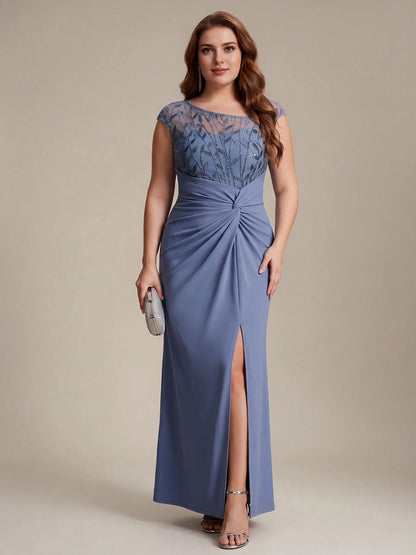 Roselledress Forest Green Sheath Boat Neck Cap Sleeve Zip Back Floor Length Plus Size Wedding Guest Dress