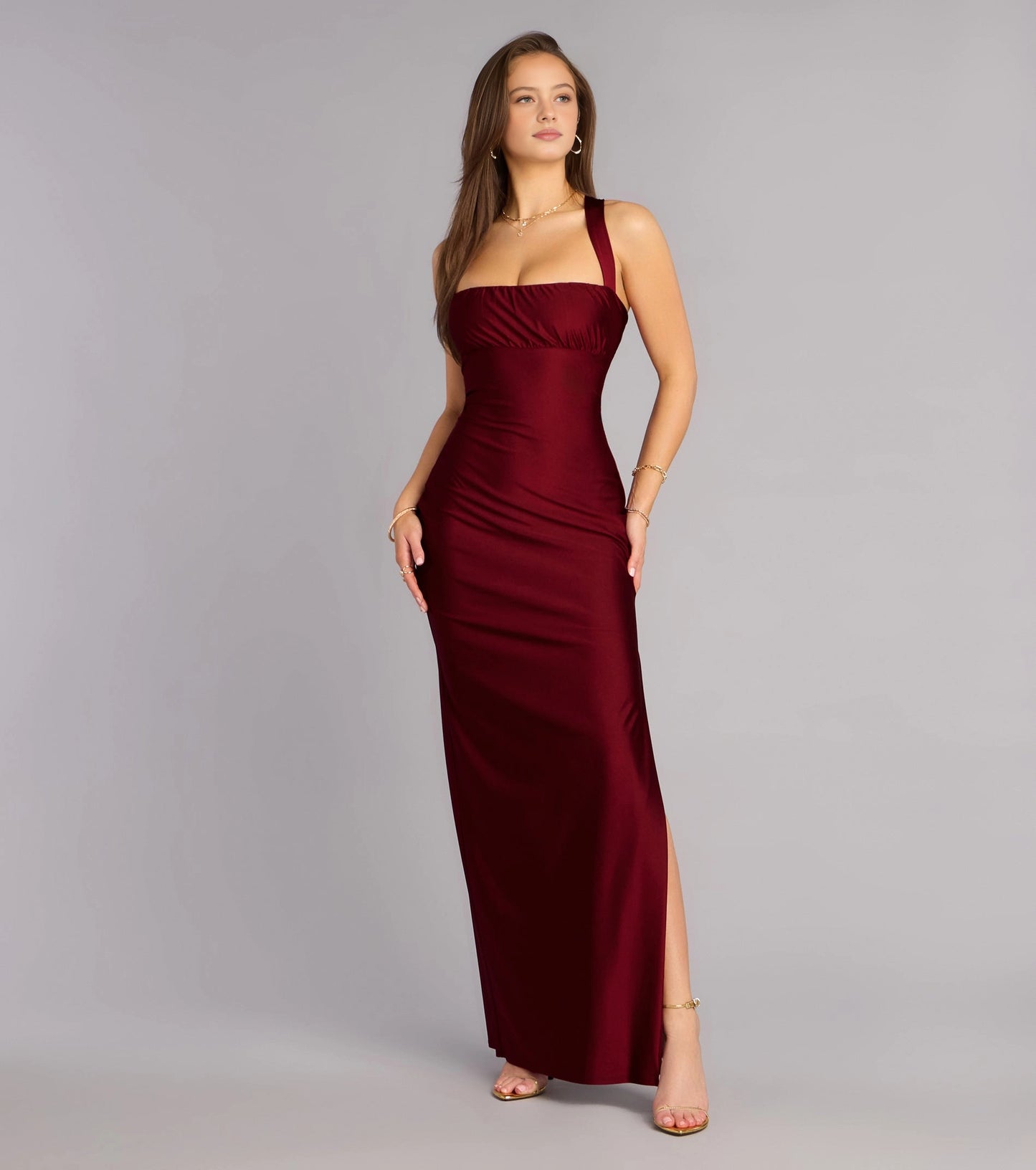 Sleek Column Square One Strap Lace Up Back Maxi Prom Dress