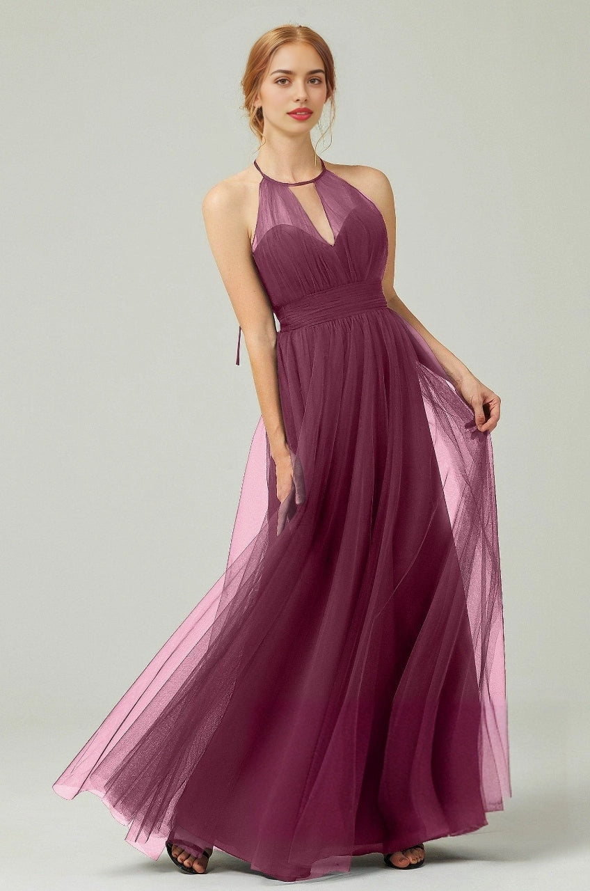 Plus Size Elegant Tulle A-Line Halter Sleeveless Open-Back Floor-Length Bridesmaid Dress