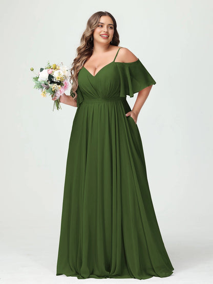 Romantic A-Line V Neck Off Shoulder Flutter Sleeve V Back Pocket Dusty Pink Chiffon Plus Size Mother Of The Bride Dress