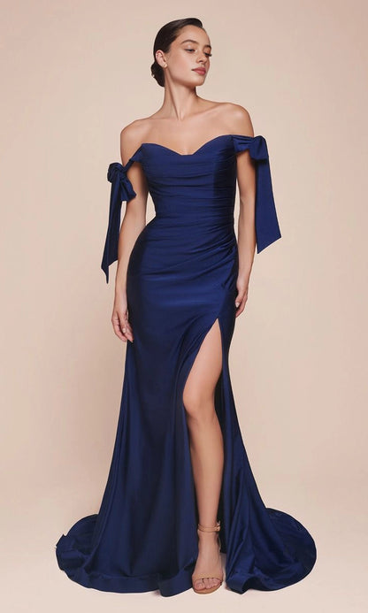Plum Mermaid Sweetheart Off Shoulder Bow Open Back Maxi Prom Dress