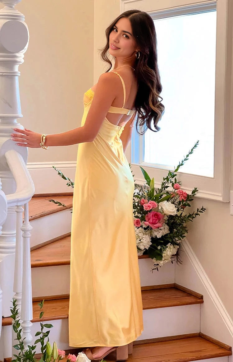 Lemon Yellow Slip Sweetheart Spaghetti Strap Open Back Long Prom Dress