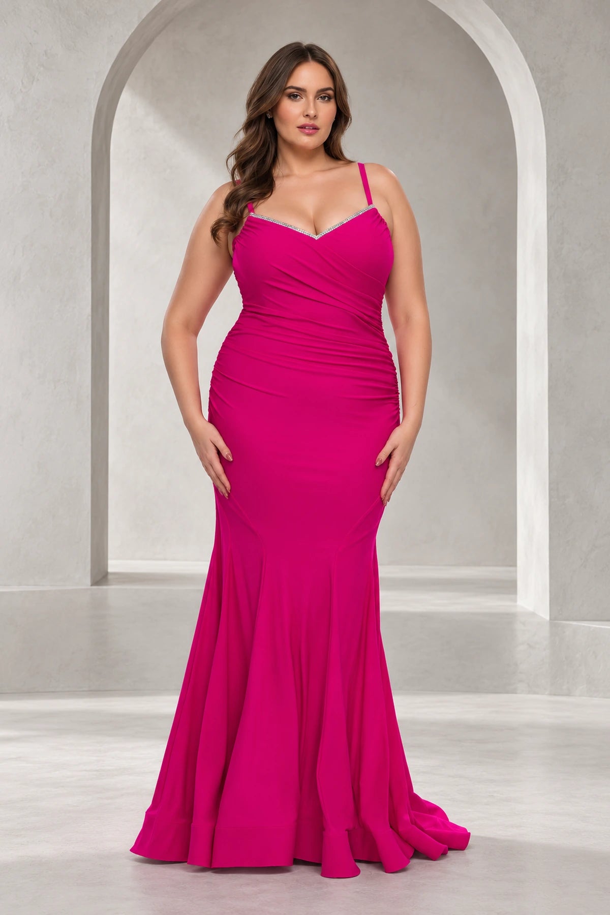 Roselledress plus size hot pink mermaid prom dress with embellished V-neckline, spaghetti straps and crossover front ruching.