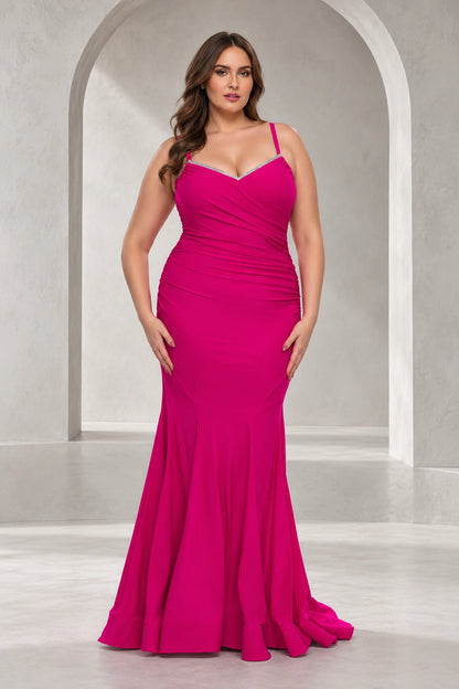 Roselledress plus size hot pink mermaid prom dress with embellished V-neckline, spaghetti straps and crossover front ruching.