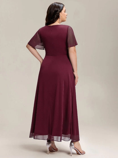 Plus Size Chiffon V-Neck Flutter Sleeve Rhinestone Brooch Slit Mother of Bride Dress
