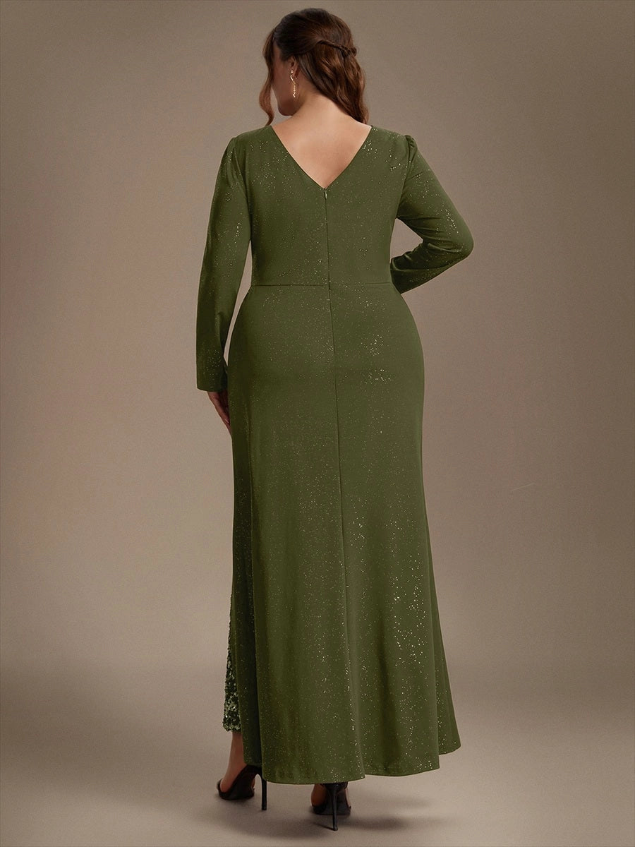 Olive green plus size evening gown back view, V-back, center back zipper, long sleeves and mermaid floor length skirt
