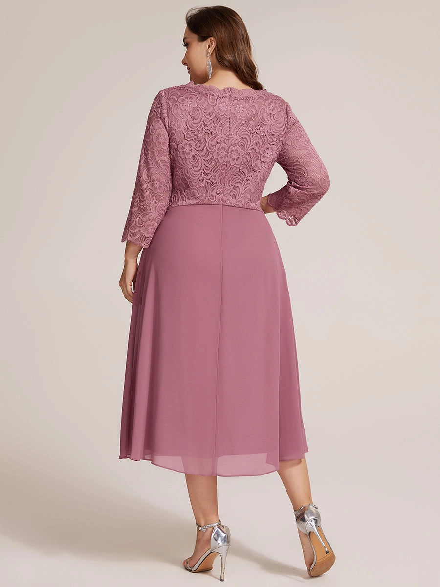 Elegant Plus Size A-Line V-Neck Three-Quarter-Sleeve Lace-Back Midi Mother of Bride Dress