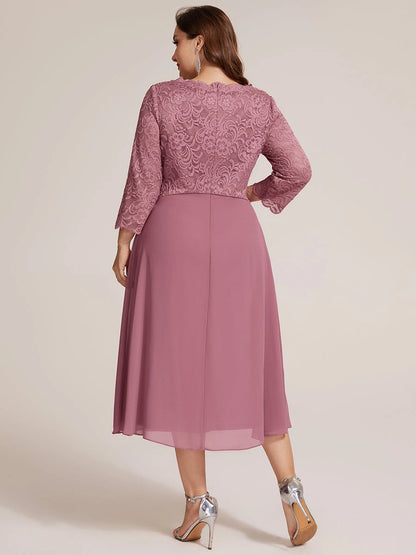 Elegant Plus Size A-Line V-Neck Three-Quarter-Sleeve Lace-Back Midi Mother of Bride Dress