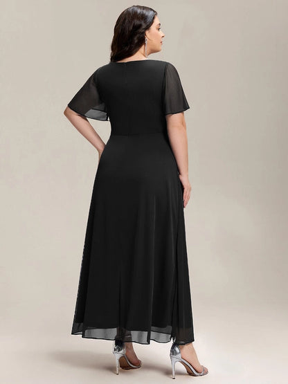 Plus Size Chiffon V-Neck Flutter Sleeve Rhinestone Brooch Slit Mother of Bride Dress