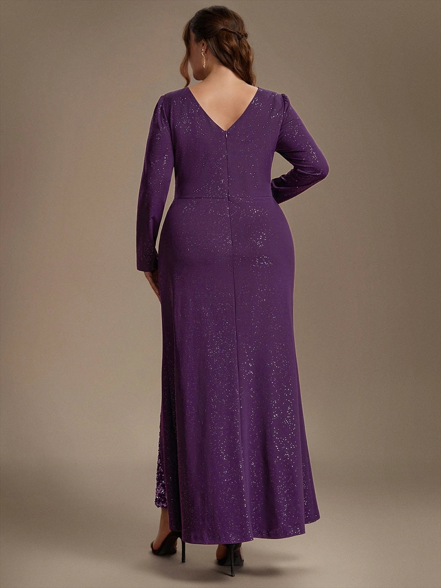 Plus Size Glitter V-Neck Long Sleeve Twist Slit Mermaid Wedding Guest Dress
