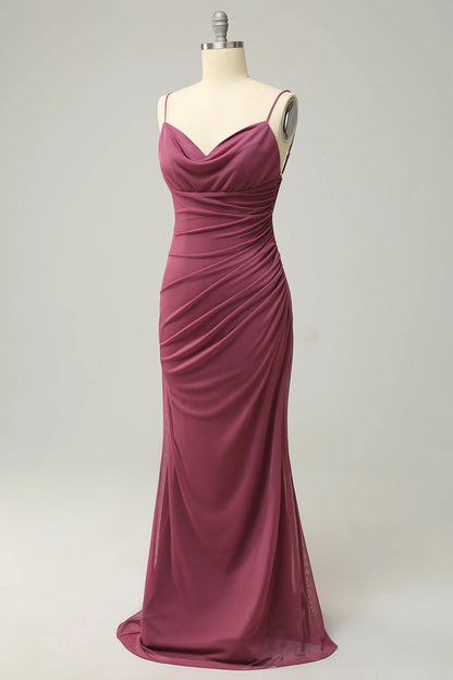 Elegant Plus Size Sheath Cowl-Neck Cowl-Back Long Mauve Evening Dress