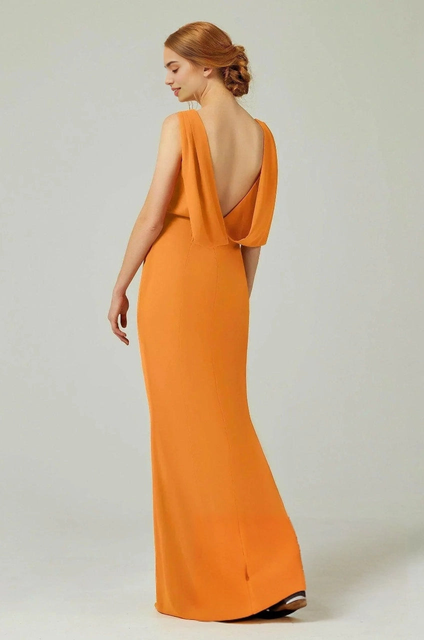 Back view of Roselledress orange bridesmaid dress featuring a low open back with soft cowl draping.